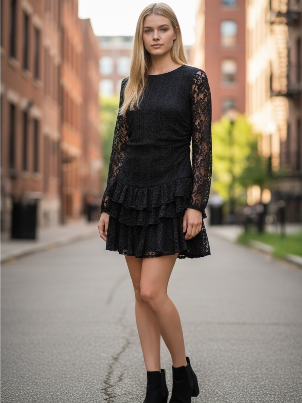 Black Lace Long-Sleeve Tiered Mini Dress